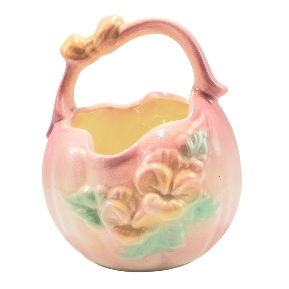 Hull Pottery Sun Glow Pink Basket Embossed Pansies & Butterfly Bow Knot MCM VTG